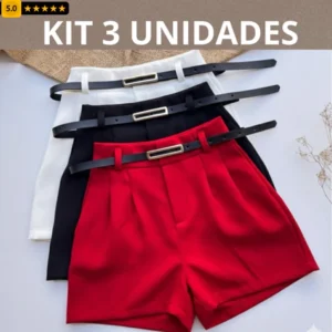 Kit 3 Short alfaiataria feminino com cinto zíper lateral estilo social casual