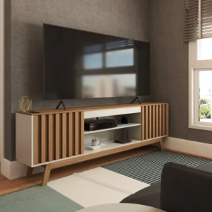 Rack para TV Até 60 Polegadas Ripado Seattle Retrô 2 Portas 1 Prateleira Off White/Freijó - Panorama Móveis