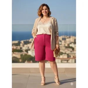 Bermuda Feminina Plus Size Jorts Alfaiataria Crepe Social Cintura alta Bolso Lateral Dia a Dia Trabalho